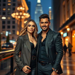 a confident, stylish woman and a charming man standing together, both wearing fashionable attire and showcasing a glamorous, romantic chemistry between them, set against a luxurious, urban backdrop, with city lights adding a sparkling effect