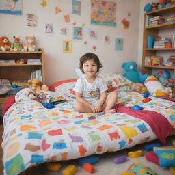 A child in a colorful, cluttered bedroom filled with educational toys, storybooks, and a comfy bed covered with playful sheets