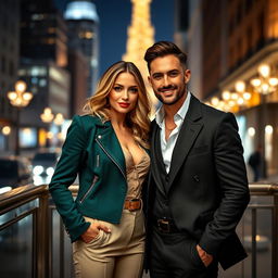 a confident, stylish woman and a charming man standing together, both wearing fashionable attire and showcasing a glamorous, romantic chemistry between them, set against a luxurious, urban backdrop, with city lights adding a sparkling effect