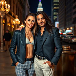 a confident, stylish woman and a charming man standing together, both wearing fashionable attire and showcasing a glamorous, romantic chemistry between them, set against a luxurious, urban backdrop, with city lights adding a sparkling effect