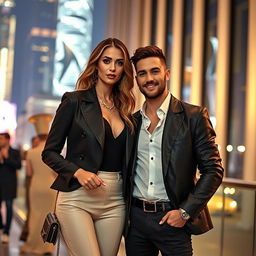 a confident, stylish woman and a charming man standing together, both wearing fashionable attire and showcasing a glamorous, romantic chemistry between them, set against a luxurious, urban backdrop, with city lights adding a sparkling effect