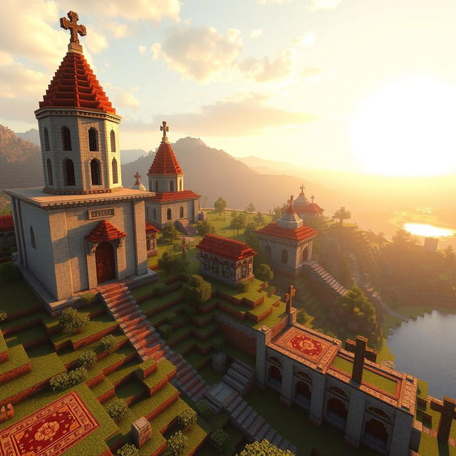 A vast Minecraft landscape designed in traditional Armenian architectural style and cultural elements