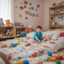 A child in a colorful, cluttered bedroom filled with educational toys, storybooks, and a comfy bed covered with playful sheets