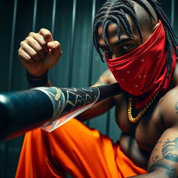 A close-up of a muscular African American gang member in a prison cell