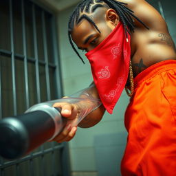 A close-up of a muscular African American gang member in a prison cell