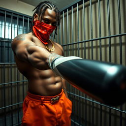 A close-up of a muscular African American gang member in a prison cell