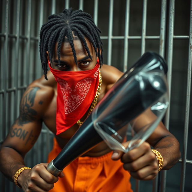 A close-up of a muscular African American gang member in a prison cell