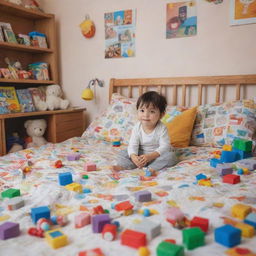 A child in a colorful, cluttered bedroom filled with educational toys, storybooks, and a comfy bed covered with playful sheets