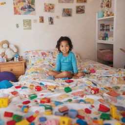 A child in a colorful, cluttered bedroom filled with educational toys, storybooks, and a comfy bed covered with playful sheets