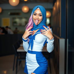 A sexy Indonesian woman with a playful and captivating expression, featuring a long tongue and striking red nails