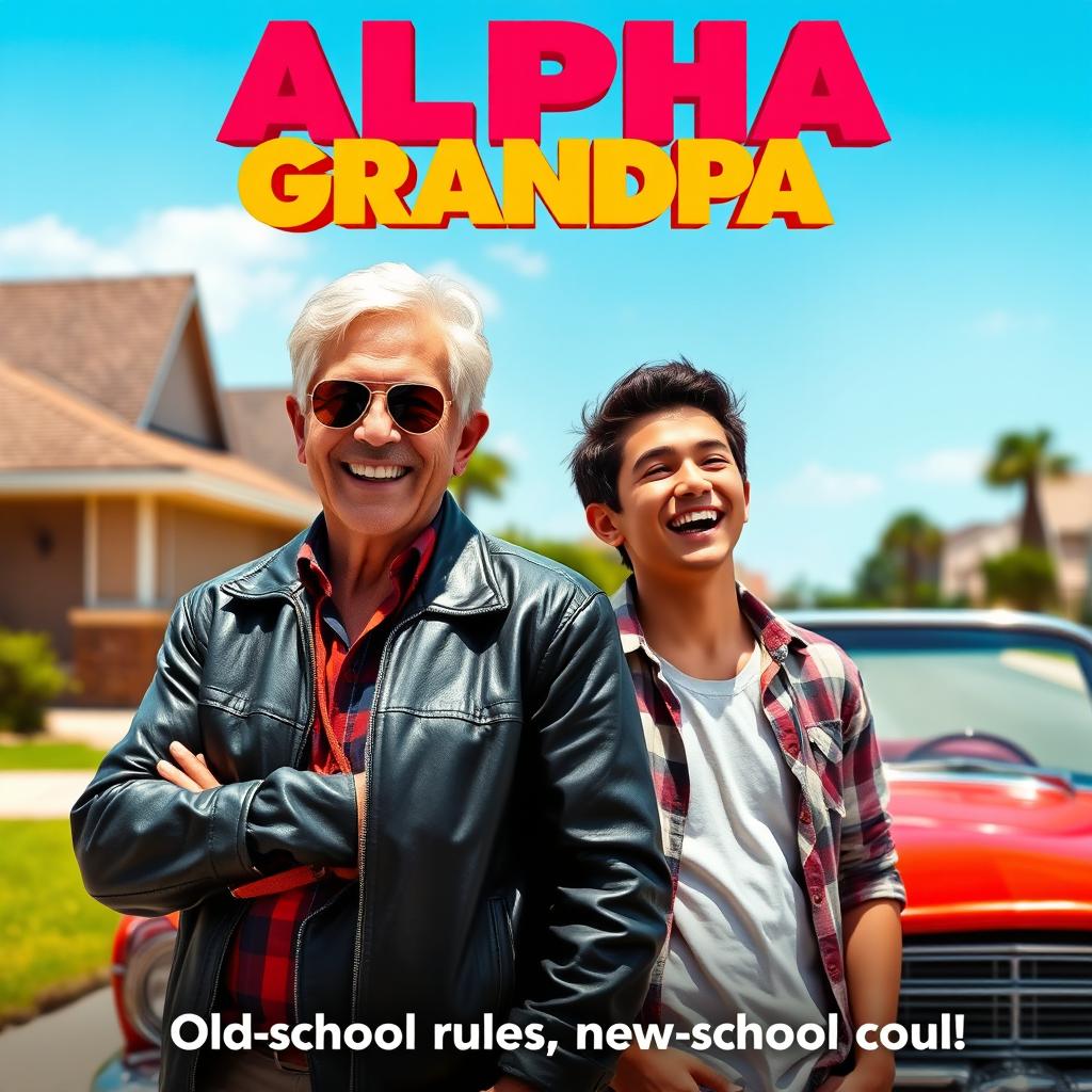 A vibrant and hilarious movie poster for the comedy film "Alpha Grandpa"