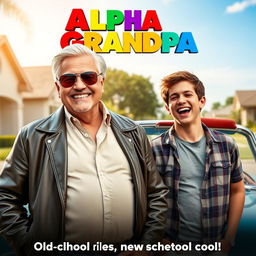 A vibrant and hilarious movie poster for the comedy film "Alpha Grandpa"