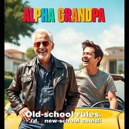 A vibrant and hilarious movie poster for the comedy film "Alpha Grandpa"