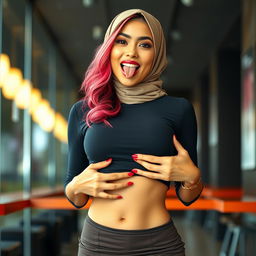 A sexy Indonesian woman with an alluring expression, featuring a long tongue and vibrant red nails