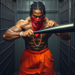 A close-up of a muscular African American gang member in a prison cell, presenting an aura of strength and intensity