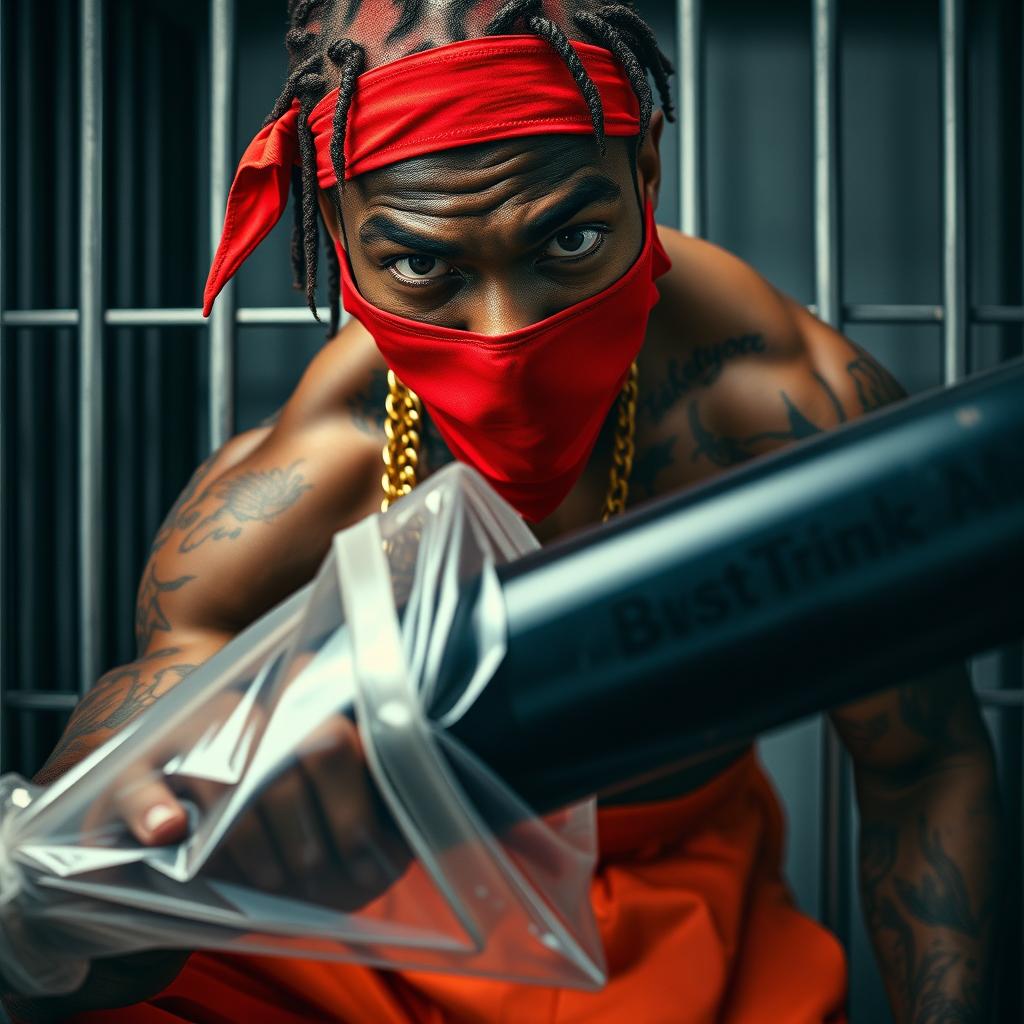 A close-up of a muscular African American gang member in a prison cell, presenting an aura of strength and intensity