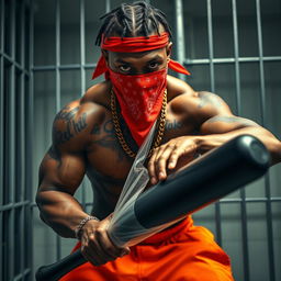 A close-up of a muscular African American gang member in a prison cell, presenting an aura of strength and intensity