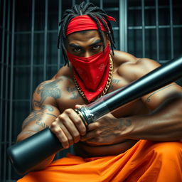 A close-up of a muscular African American gang member in a prison cell, presenting an aura of strength and intensity