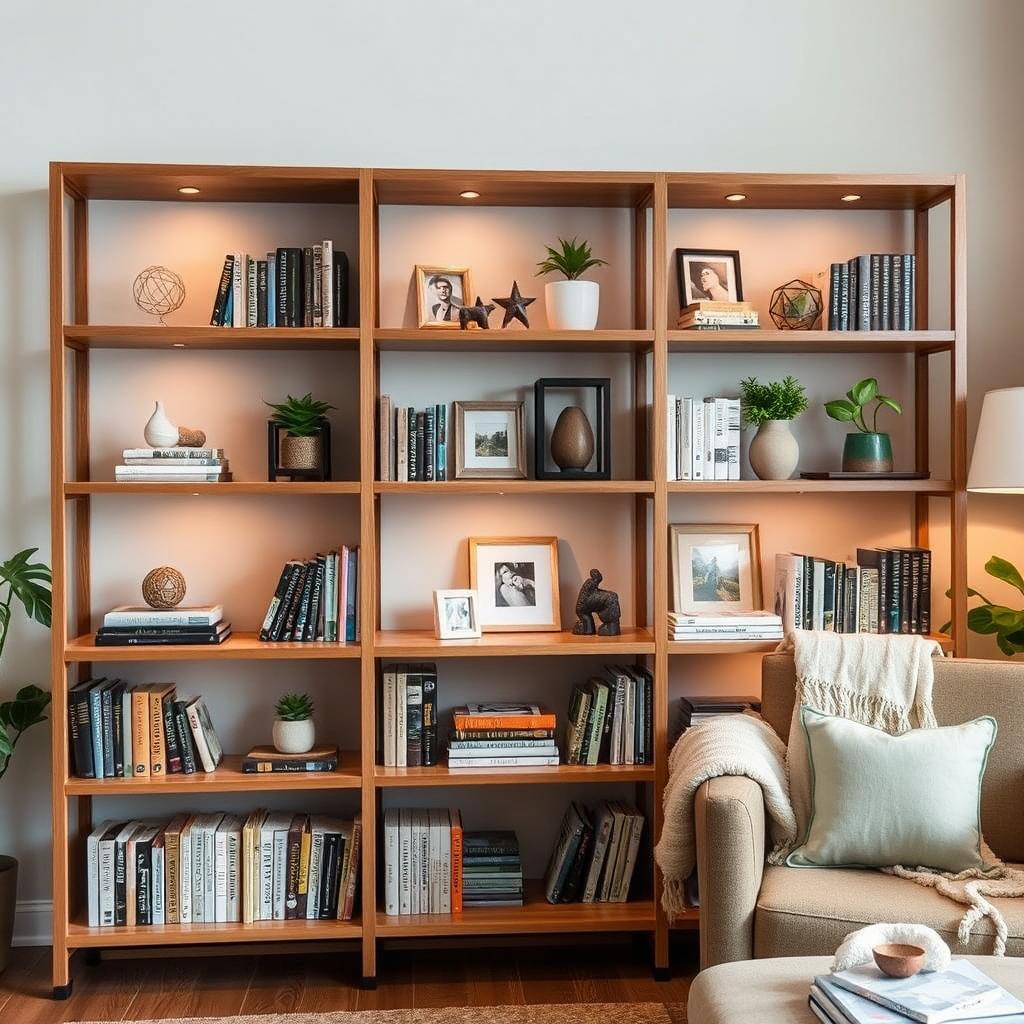 A modern wooden bookshelf with multiple shelves, arranged aesthetically in a living room setting