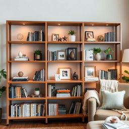 A modern wooden bookshelf with multiple shelves, arranged aesthetically in a living room setting