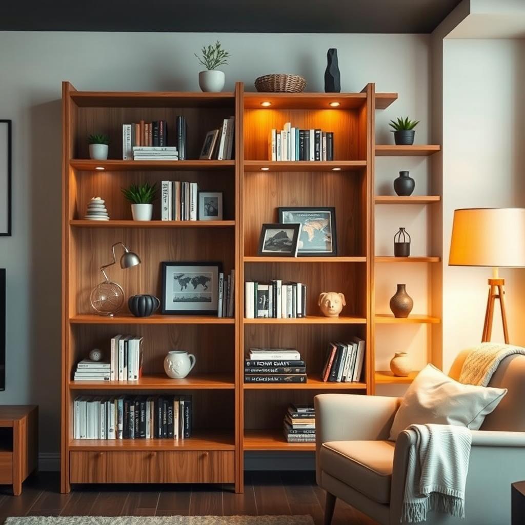 A modern wooden bookshelf with multiple shelves, arranged aesthetically in a living room setting