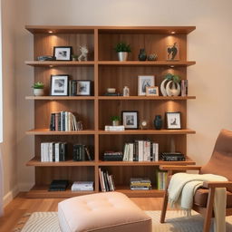 A modern wooden bookshelf with multiple shelves, arranged aesthetically in a living room setting