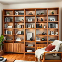 A modern wooden bookshelf with multiple shelves, arranged aesthetically in a living room setting