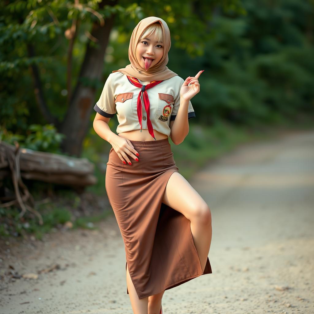 A sexy Indonesian woman exuding allure and confidence, showcasing a long tongue and vibrant red nails