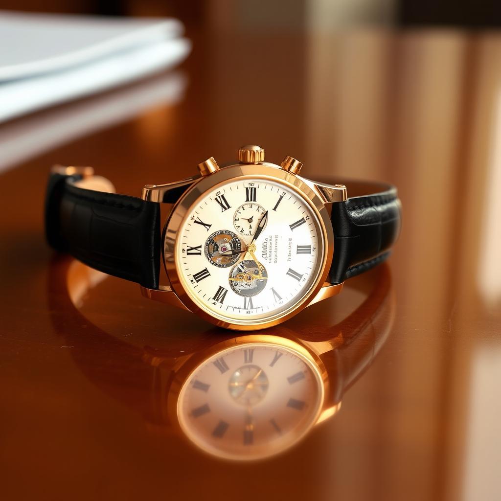 A luxurious wristwatch with a gold case and black leather strap, displaying a classic analog face with Roman numerals, intricate mechanical details visible through a transparent case back, resting elegantly on a polished wooden surface