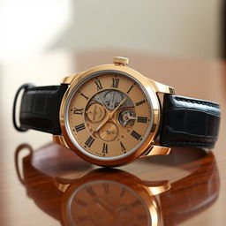 A luxurious wristwatch with a gold case and black leather strap, displaying a classic analog face with Roman numerals, intricate mechanical details visible through a transparent case back, resting elegantly on a polished wooden surface