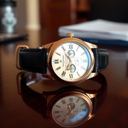 A luxurious wristwatch with a gold case and black leather strap, displaying a classic analog face with Roman numerals, intricate mechanical details visible through a transparent case back, resting elegantly on a polished wooden surface