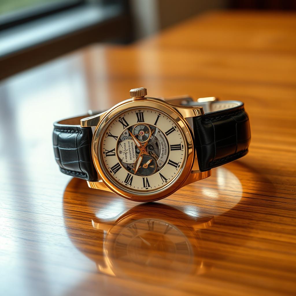 A luxurious wristwatch with a gold case and black leather strap, displaying a classic analog face with Roman numerals, intricate mechanical details visible through a transparent case back, resting elegantly on a polished wooden surface