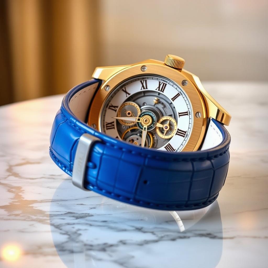 A luxurious wristwatch inspired by Audemars Piguet design, featuring a gold case with a stylish blue alligator leather strap