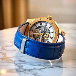 A luxurious wristwatch inspired by Audemars Piguet design, featuring a gold case with a stylish blue alligator leather strap