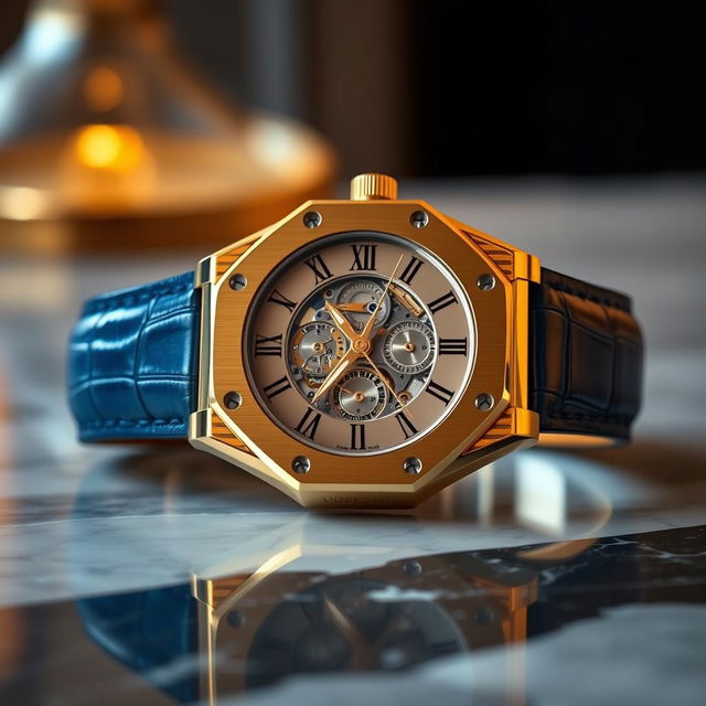 A luxurious wristwatch inspired by Audemars Piguet design, featuring a gold case with a stylish blue alligator leather strap