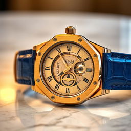 A luxurious wristwatch inspired by Audemars Piguet design, featuring a gold case with a stylish blue alligator leather strap