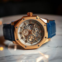 A luxurious wristwatch inspired by Audemars Piguet design, featuring a gold case with a stylish blue alligator leather strap