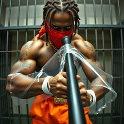 A close-up of a muscular African American gang member in a prison cell, exuding intensity and grit