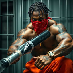 A close-up of a muscular African American gang member in a prison cell, exuding intensity and grit