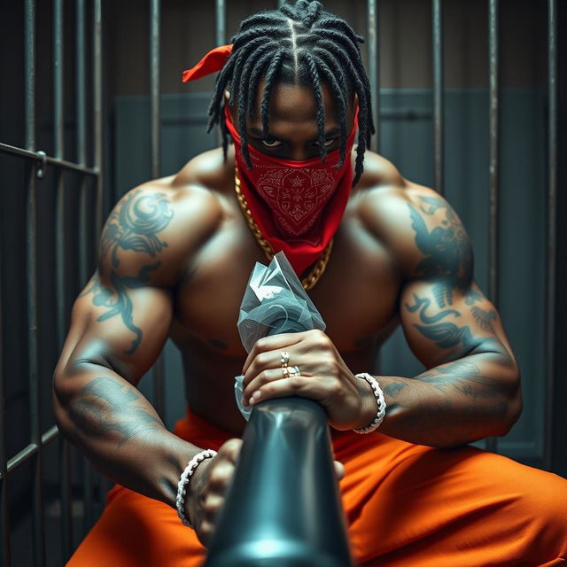 A close-up of a muscular African American gang member in a prison cell, exuding intensity and grit