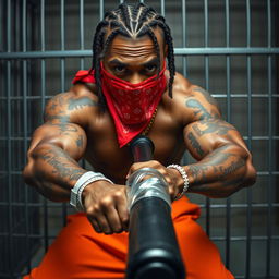 A close-up of a muscular African American gang member in a prison cell, exuding intensity and grit