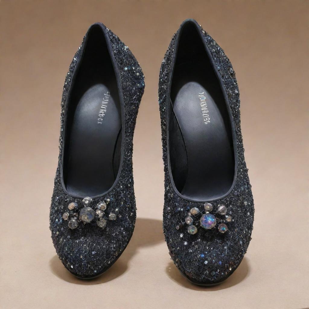 A pair of shoes from the cosmic beyond, sculpted from starlight and interstellar materials, adorned with celestial gems and black hole pearls with a price tag displaying an inconceivable number to denote its worth