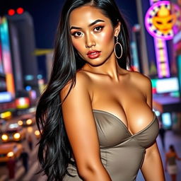 A beautiful and hot Thai woman with an alluring gaze, showcasing her voluptuous figure with pronounced curves