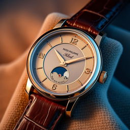 A luxurious wristwatch inspired by Patek Philippe design, showcasing a rose gold case and a sophisticated brown alligator leather strap