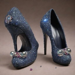 A pair of shoes from the cosmic beyond, sculpted from starlight and interstellar materials, adorned with celestial gems and black hole pearls with a price tag displaying an inconceivable number to denote its worth