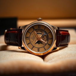 A luxurious wristwatch inspired by Patek Philippe design, showcasing a rose gold case and a sophisticated brown alligator leather strap