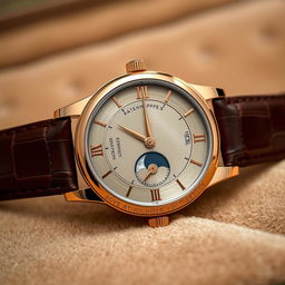 A luxurious wristwatch inspired by Patek Philippe design, showcasing a rose gold case and a sophisticated brown alligator leather strap