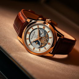 A luxurious wristwatch inspired by Patek Philippe design, showcasing a rose gold case and a sophisticated brown alligator leather strap