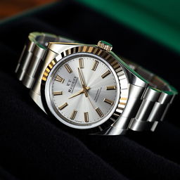 A luxurious wristwatch inspired by Rolex design, featuring a stainless steel case and a matching oyster bracelet