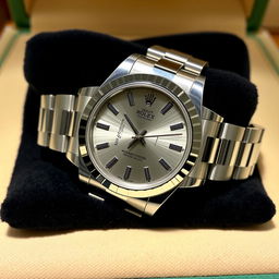 A luxurious wristwatch inspired by Rolex design, featuring a stainless steel case and a matching oyster bracelet